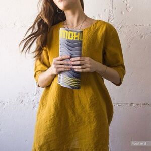 Relaxed Mustard Linen Midi Dress - Women's Easy Tunic